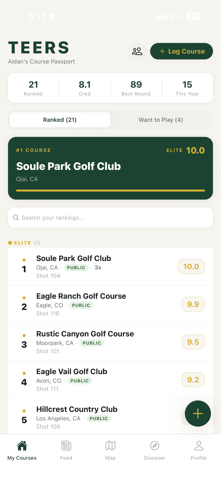 Teers app — a golfer's ranked course list with Soule Park Golf Club at #1 and a 10.0 score